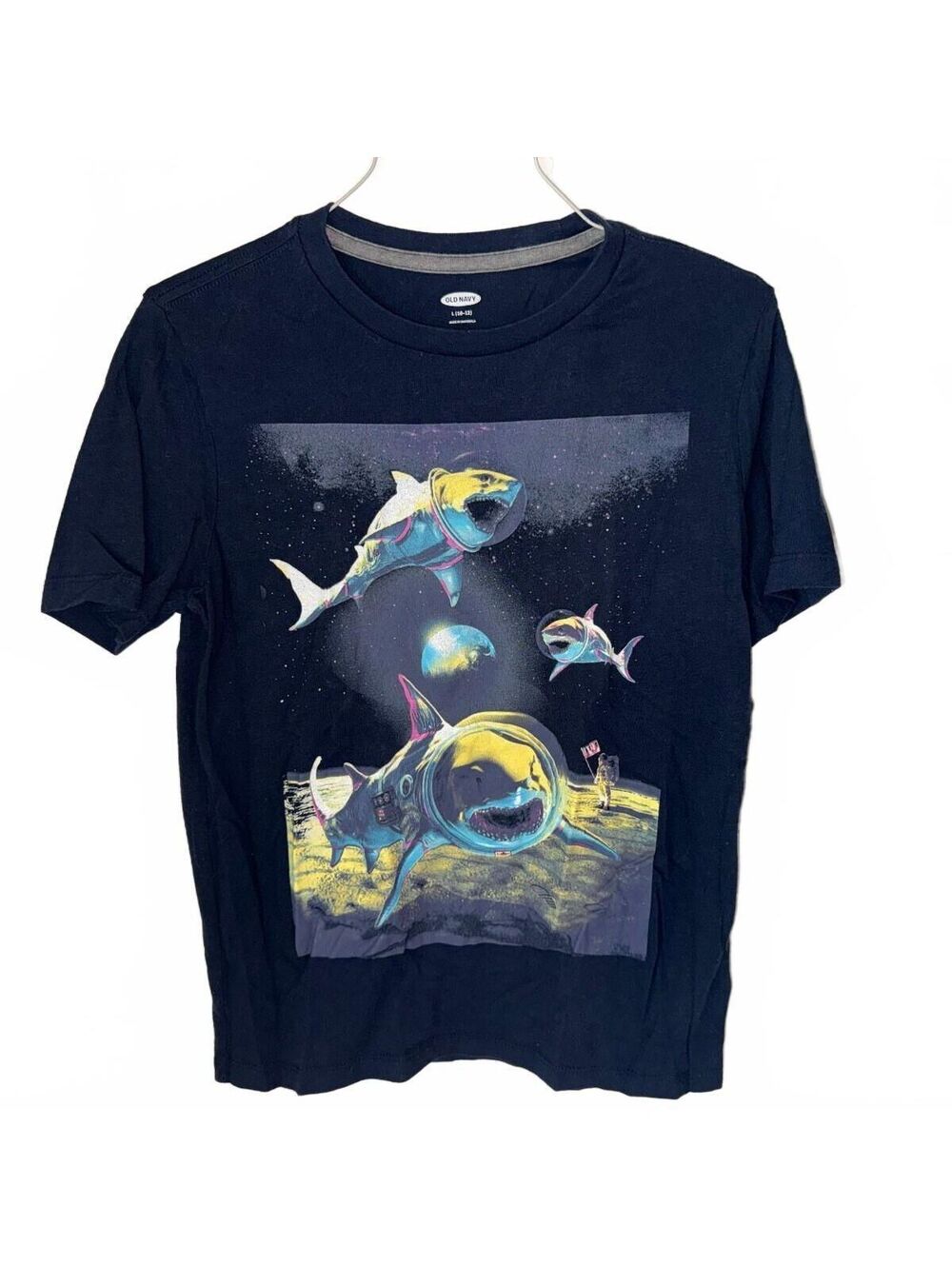 Old Navy Boys' Astronaut Sharks T-Shirt | Size L 10/12 | Excellent Condition